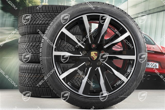 20-inch Taycan Tequipment Design winter wheel set, rims 9J x 20 ET54 + 11J x 20 ET60, Goodyear winter tyres 245/45 R20 + 285/40 R20, black high gloss