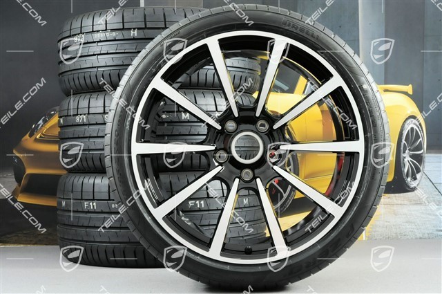 20-inch Carrera Classic summer wheels set, rims 8J x 20 ET57 + 10J x 20 ET45 + NEW Pirelli summer tires 235/35 ZR20 + 265/35 ZR20, with TPMS, black high gloss