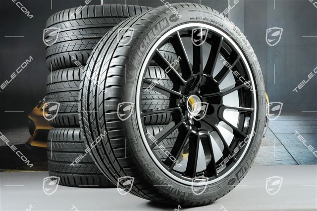 21" Cayenne SportPlus Sommerräder Satz, Felgen 10J x 21 ET50 + 10J x 21 ET45 + Michelin Sommerreifen 295/35 R21, in Schwarz Hochglanz