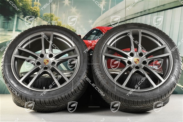 21" koła zimowe Cayenne Turbo, komplet, felgi 9,5J x 21 ET46 + 11,0J x 21 ET58 + Michelin winter tyres 275/40 R21 + 305/35 R21, with TPMS, Platinum satin matt
