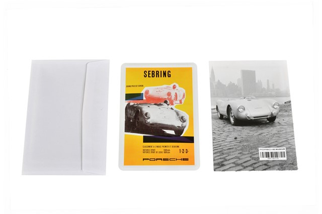Porsche Museum Blechkarte Sebring Spyder gelb NOS 10 cm  x 15 cm