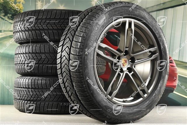 19" "Macan Turbo" koła zimowe komplet, felgi 8J x 19 ET21 + 9J x 19 ET21, opony zimowe Pirelli 235/55 R 19 + 255/50 R 19, z czujnikami ciśnienia RDK, platinum satynowy mat