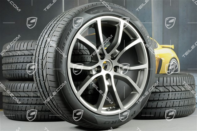 21-inch Cayenne Exclusive Design summer wheel set, rims 9,5J x 21 ET46 + 11,0J x 21 ET58 + NEW Pirelli P Zero summer tyres 285/40 R21 + 315/35 R21, with TPMS, Platinum satin matt