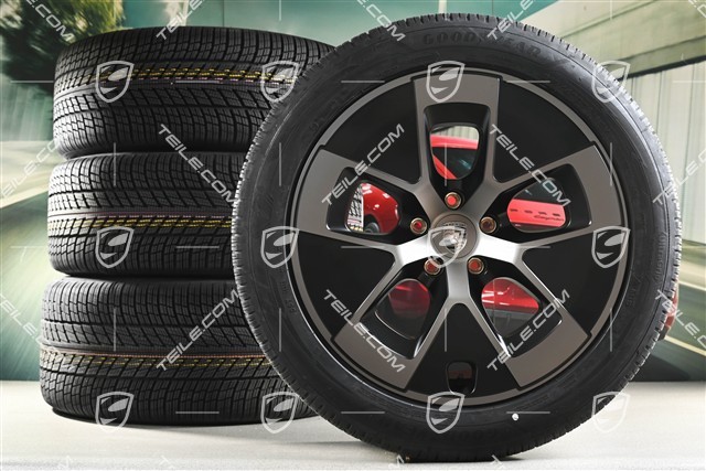 21" Cayenne Turbo Aero Winterräder Satz, Felgen 9,5J x 21 ET16 + 11J x 21 ET37 + Goodyear Ultragrip Performance 3 SUV 275/45 R21 + 315/40 R21, schwarz seidenmatt + Turbonit