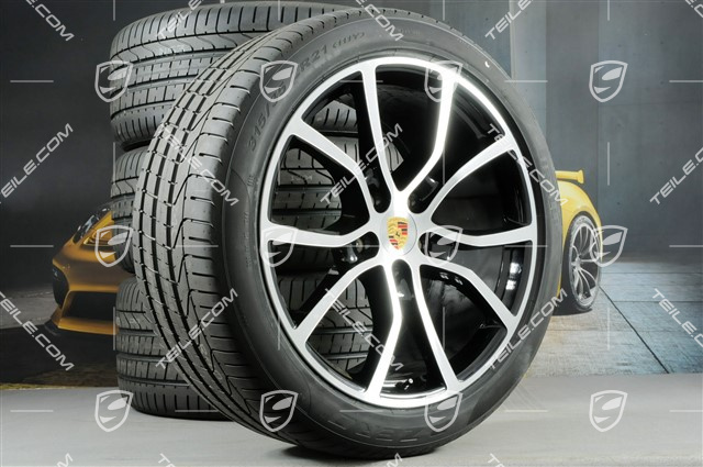 21" Cayenne Exclusive Design Sommerräder Satz, Felgen 9,5J x 21 ET46 + 11,0J x 21 ET58 + Pirelli P Zero Sommerreifen 285/40 R21 + 315/35 R21, mit RDK-Sensoren, Tiefschwarz Metallic