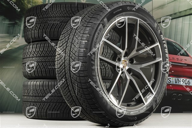 20" "Macan S" koła zimowe, komplet, felgi 9J x 20 ET26 + 10J x 20 ET19 + NOWE opony zimowe Michelin 265/45 R 20 + 295/40 R 20, ciemny tytan/frezowane na wysoki połysk, z czujnikami ciśnienia RDK