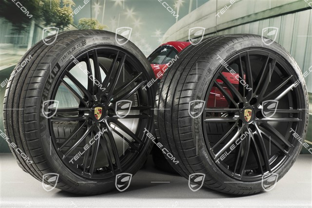 22-inch Cayenne Coupé Turbo IV summer wheel set, rims 10J x 22 ET48 + 11,5J x 22 ET52 + NEW Pirelli P Zero summer tyres 285/35 R22 + 315/30 R22, with TPMS, black satin matt