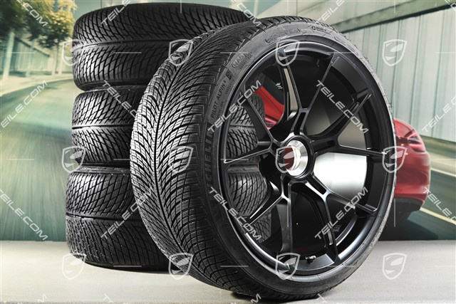 20"+21" Winterräder GT3 / GT3RS, komplett, zentral montierte Felgen 9J x 20 ET43 + 11,5J x 21 ET46 + Winterreifen Michelin Pilot Alpin 5 245/35 R20 + 305/30 R21, schwarz satiniert matt