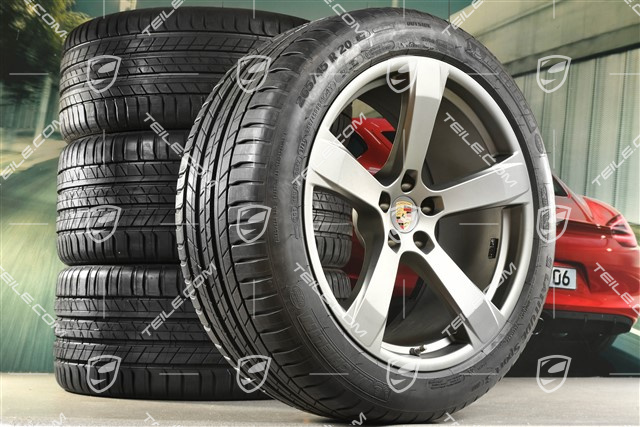 20" "Macan Sport" koła letnie, komplet, felgi 9J x 20 ET26 + 10J x 20 ET19,  NOWE opony letnie Michelin 265/45 R 20 + 295/40 R 20, platinum satynowy półmat, z czujnikami ciśnienia RDK
