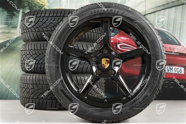 18" Boxster winter wheel set, 8J x 18 ET57 + 9J x 18 ET47 + NEW winter tyres Dunlop 235/45 R18 + 265/45 R18, black high gloss, without TPM