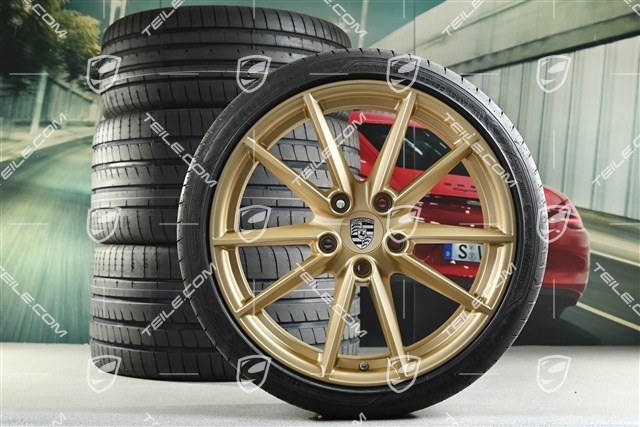 20+21-inch summer wheel set Carrera S, rims 8,5J x 20 ET53 + 11,5J x 21 ET67 + NEW summer tyres 245/35 R20 + 305/30 R21, with TPM, Aurum satin matt