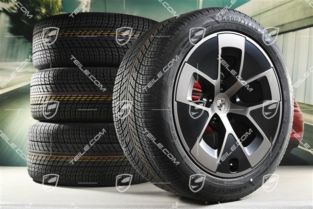 21" Cayenne Turbo Aero Winterräder Satz, Felgen 9,5J x 21 ET16 + 11J x 21 ET37 + Goodyear Ultragrip Performance 3 SUV 275/45 R21 + 315/40 R21, schwarz seidenmatt + Turbonit