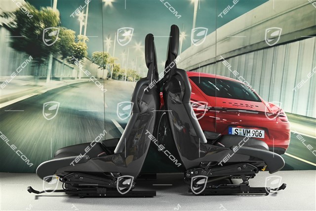 Schalensitze, CARBON, Leder + Stoff in Schwarz, gelbe Nähte, Porsche Wappen, Satz, L+R
