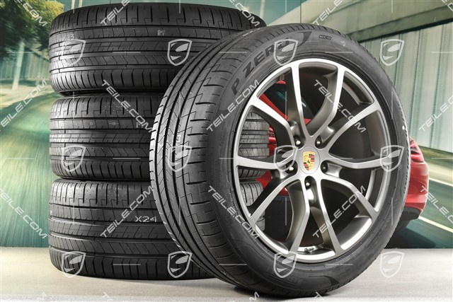 21" Cayenne Exclusive Design Sommerräder Satz, Felgen 9,5J x 21 ET46 + 11,0J x 21 ET58 + NEUE Pirelli P Zero Sommerreifen 285/45 R21 + 315/40 R21, mit RDK-Sensoren, Platinum-Seidenmatt