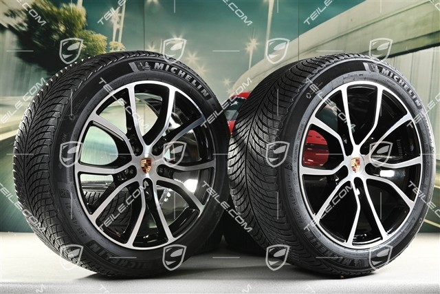 21" Cayenne COUPE Exclusive Design Winterräder Satz, Felgen 9,5J x 21 ET46 + 11,0J x 21 ET49 + Michelin Pilot Alpin 5 SUV Winterreifen 285/45 R21 + 305/40 R21, mit RDK-Sensoren, schwarz hochglanz