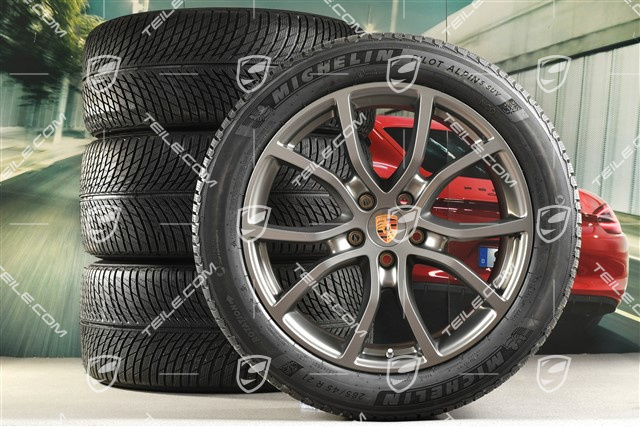 21-inch Cayenne Exclusive Design winter wheel set, rims 9,5J x 21 ET46 + 11,0J x 21 ET58 + Michelin winter tyres 285/45 R21 + 305/40 R21, with TPMS, Platinum satin-mat