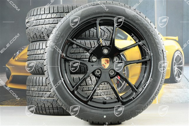 18" Cayman koła zimowe komplet, felgi 8J x 18 ET57 + 9,5J x 18 ET49, opony zimowe Pirelli Sottozero II 235/45 R18 + 265/45 R18, czarny wysoki połysk