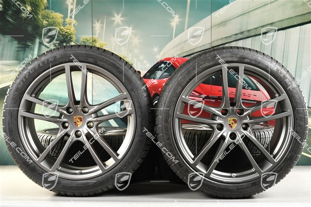 21" koła zimowe Cayenne Turbo, komplet, felgi 9,5J x 21 ET46 + 11,0J x 21 ET58 + Michelin winter tyres 275/40 R21 + 305/35 R21, with TPMS, Platinum satin matt