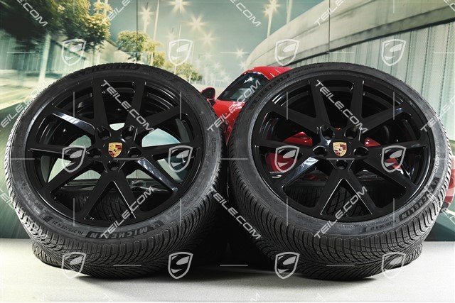 21" Panamera SportDesign Winterräder Satz, Felgen 9,5J x 21 ET71 + 10,5J x 21 ET71 + NEUE Michelin Pilot Alpin 5 Winterreifen 275/35 R21 + 315/30 R21, Schwarz Hochglanz