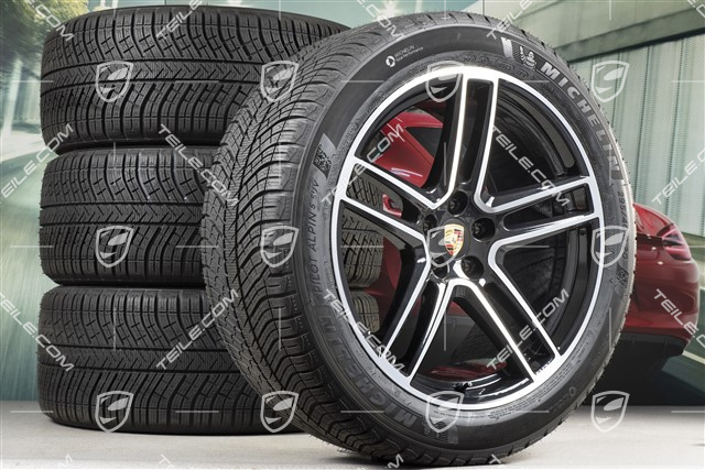 20" "Macan Turbo" koła zimowe, komplet, felgi 9J x 20 ET26 + 10J x 20 ET19 + NOWE opony zimowe Michelin Latitude Alpin 5 265/45 R20 + 295/40 R20, czarny perłony metalik Jet Black, z czujnikami ciśnienia RDK