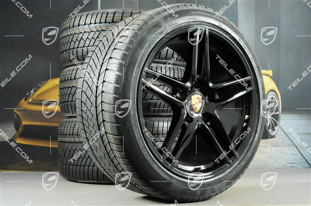 19" koła zimowe, komplet Carrera, felgi 8,5J x 19 ET50 + 11J x 19 ET56 + opony zimowe Continental WinterContact TS 830P 235/40 R19 + 295/35 R19, nie do samochodów z PCCB + skrętna tylna oś, czarny wysoki połysk