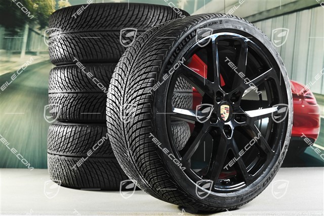 21" Panamera SportDesign Winterräder Satz, Felgen 9,5J x 21 ET71 + 10,5J x 21 ET71 + Michelin Pilot Alpin 5 Winterreifen 275/35 R21 + 315/30 R21, Schwarz Hochglanz