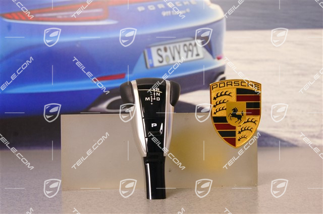 Exclusive Design Wählhebel, mit geprägtem Porsche Wappen, Glattleder, schwarz