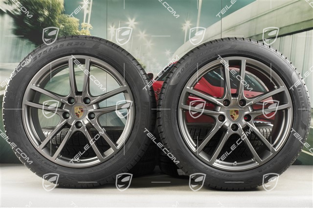 20" Cayenne COUPE Sport Winterräder Satz, Felgen 9J x 20 ET50 + 10,5J x 20 ET55 + Pirelli Winterreifen 275/45 R20 + 305/40 R20, mit RDK-Sensoren, Platinum Seidenmatt