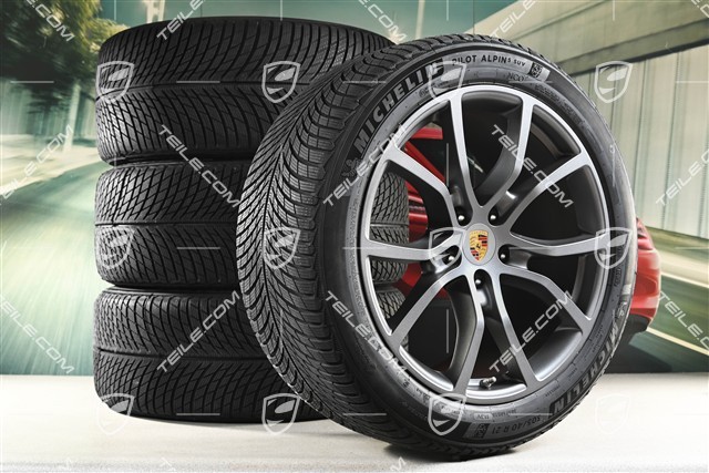 21-inch Cayenne Exclusive Design winter wheel set, rims 9,5J x 21 ET46 + 11,0J x 21 ET49 + NEW Michelin Pilot Alpin 5 SUV winter tyres 285/45 R21 + 305/40 R21, with TPMS, Vesuvius Grey
