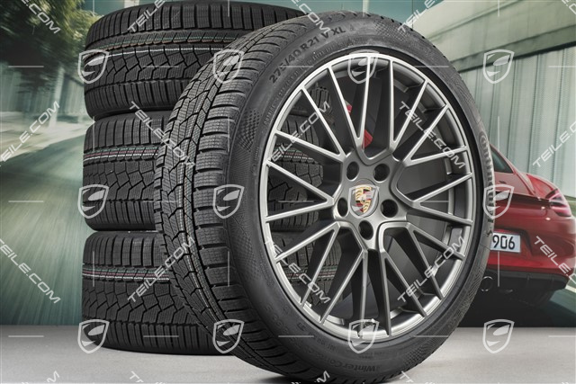 21" Cayenne RS Spyder Winterräder Satz, Felgen 9,5J x 21 ET46 + 11,0J x 21 ET58 + NEUE Continental Winterreifen 275/40 R21 + 305/35 R21, mit RDK-Sensoren, Platinum seidenmatt