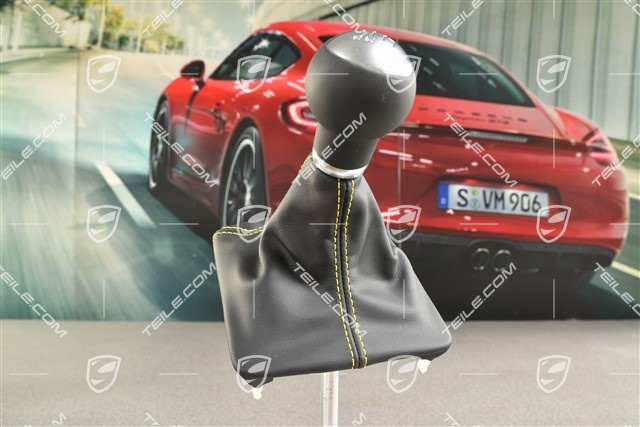GT4, Schaltknauf /Schalthebelknopf Schaltmanschette Leder mit Gelben Faden, 6-Gang Schaltgetriebe