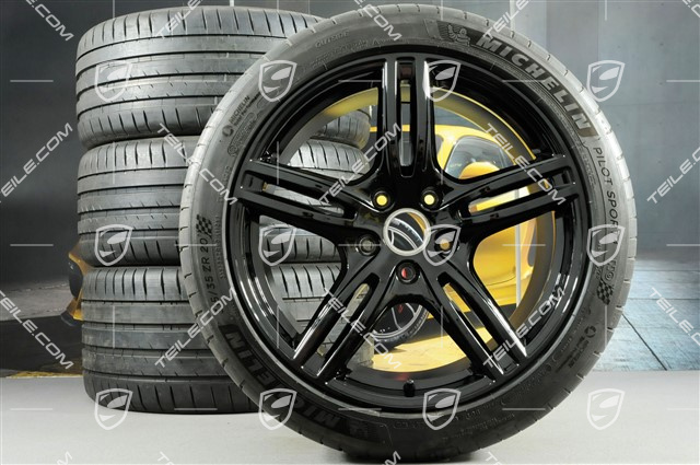 20" Panamera Turbo Sommerräder, Felgen 9,5J x 20 ET71 + 11,5J x 20 ET68 + Michelin Sommerreifen 275/40 ZR20 + 315/35 ZR20, mit RDK-Sensoren, in Schwarz-Hochglanz