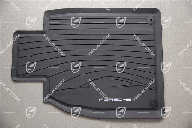 Gumowe dywaniki, komplet 2-częściowy, z sylwetką Porsche i napisem "Porsche", czarny