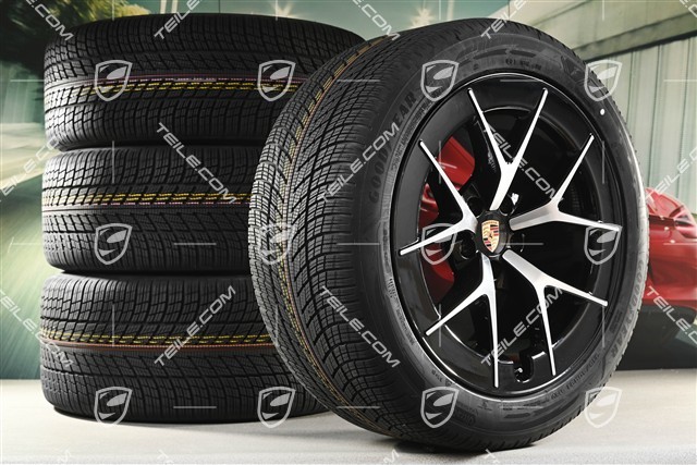 21" Cayenne RS Spyder Design Winterräder Satz, Felgen 9,5J x 21 ET16 + 11J x 21 ET37 + Goodyear UltraGrip Performance 3 SUV Winterreifen 275/45 R21 + 315/40 R21, schwarz hochglanz