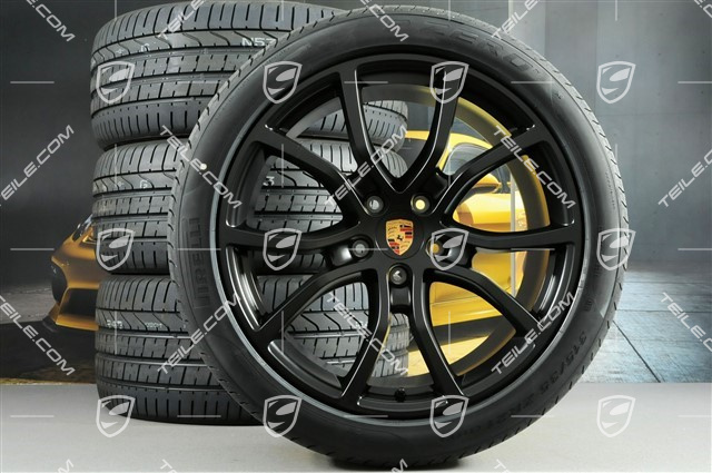 21-inch Cayenne Exclusive Design summer wheel set, rims 9,5J x 21 ET46 + 11,0J x 21 ET58 + NEW Pirelli P Zero summer tyres 285/40 R21 + 315/35 R21, with TPMS, black satin matt