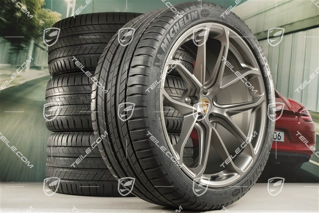 21" GT Design summer wheel set, wheel rims 9,5J x 21 ET27 + 10J x 21 ET19 + Michelin summer tyres 265/40 R21 + 295/35 R21, platinum satin matt, with TPM