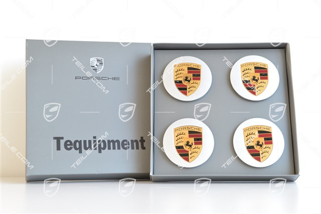 Dekielki kół, komplet (4 szt.), Cayenne S, okrągłe, wypukłe, kolorowy herb, srebrne