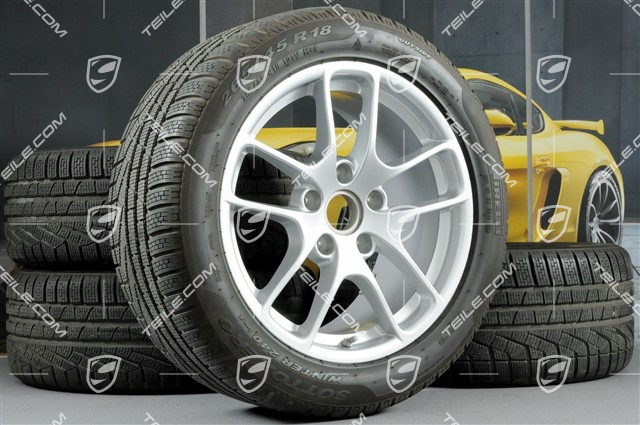 18" Winterräder Satz "Cayman", Felgen 8J x 18 ET57 + 9J x 18 ET47 + Winterreifen Pirelli SottoZero2 N0 235/45 R18 + 265/45 R18, mit RDK-Sensoren