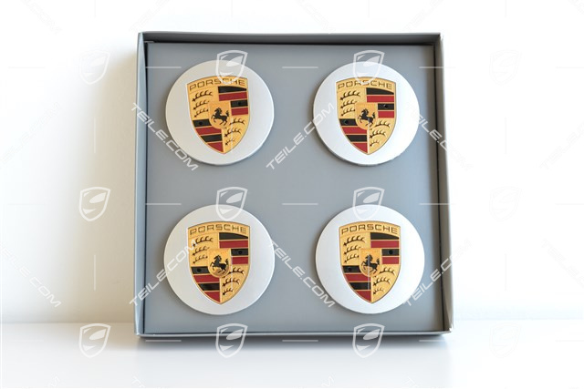 Radzierdeckel Satz (4 Stück), in Silber mit farbigem Porsche Wappen, für 19-Zoll Boxster S / Cayman S Felgen