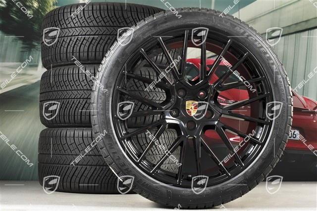 21" koła zimowe Cayenne COUPÉ RS Spyder, komplet, felgi 9,5J x 21 ET46 + 11,0J x 21 ET49 + opony zimowe Michelin Pilot Alpin 5 275/40 R21 + 305/35 R21, z czujnikami ciśnienia, czarny wysoki połysk
