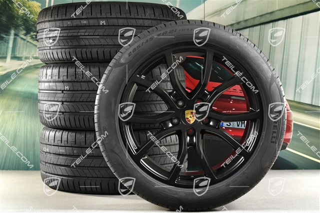 21-inch Cayenne Exclusive Design summer wheel set, rims 9,5J x 21 ET46 + 11,0J x 21 ET58 + Pirelli P Zero summer tyres 285/45 R21 + 315/40 R21, with TPMS, black satin-mat