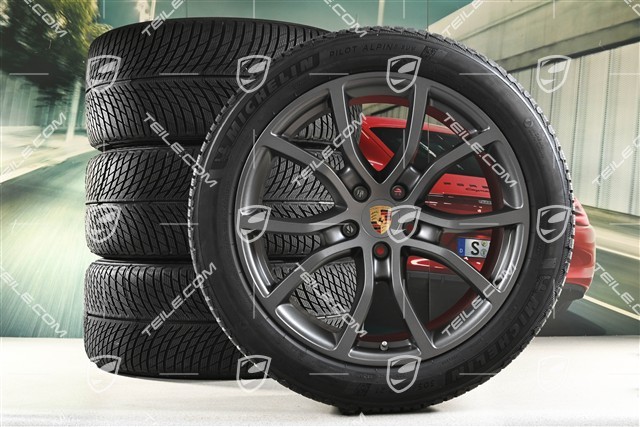 21-inch Cayenne Exclusive Design winter wheel set, rims 9,5J x 21 ET46 + 11,0J x 21 ET49 + NEW Michelin Pilot Alpin 5 SUV winter tyres 285/45 R21 + 305/40 R21, with TPMS, Vesuvius Grey