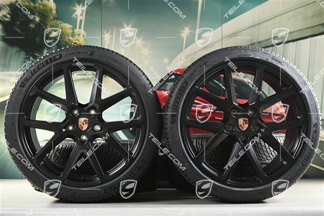 21" Panamera SportDesign Koła zimowe, komplet, felgi 9,5J x 21 ET71 + 10,5J x 21 ET71 + NOWE opony zimowe Michelin Pilot Alpin 5 275/35 R21 + 315/30 R21, czarny satynowy półmat