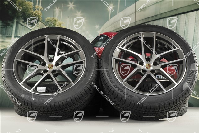 20" "Macan S" koła zimowe, komplet, felgi 9J x 20 ET26 + 10J x 20 ET19, opony zimowe Pirelli 265/45 R 20 + 295/40 R 20, ciemny tytan/frezowane na wysoki połysk, z czujnikami ciśnienia RDK