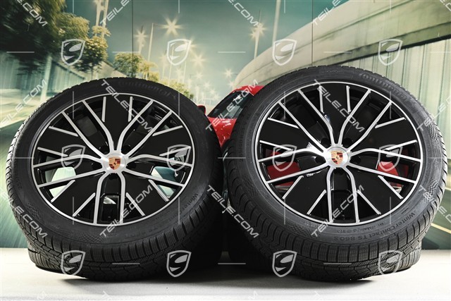 21" Macan Design Winterräder Satz, Felgen 8,5J x 21 ET27 + 10,5J x 21 ET47 + NEUE Continental Winterreifen 255/45 R21 + 285/40 R21, in Schwarz Hochglanz