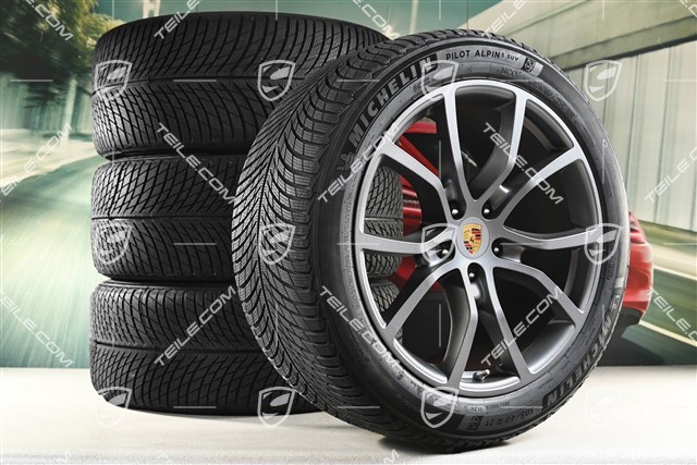 21-inch Cayenne Exclusive Design winter wheel set, rims 9,5J x 21 ET46 + 11,0J x 21 ET49 + Michelin Pilot Alpin 5 SUV winter tyres 285/45 R21 + 305/40 R21, with TPMS, Vesuvius Grey