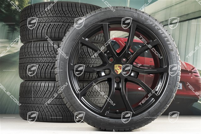 21" Cayenne Exclusive Design Winterräder Satz, Felgen 9,5J x 21 ET46 + 11,0J x 21 ET58 + NEUE Michelin Pilot Alpin 5  Winterreifen 275/40 R21 + 305/35 R21, mit RDK-Sensoren, Schwarz-Seidenmatt