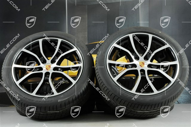 21" koła letnie Cayenne Exclusive Design, komplet, felgi 9,5J x 21 ET46 + 11,0J x 21 ET58 + NOWE opony letnie Pirelli P Zero 285/40 R21 + 315/35 R21, z czujnikami ciśnienia, czarne (wysoki połysk)
