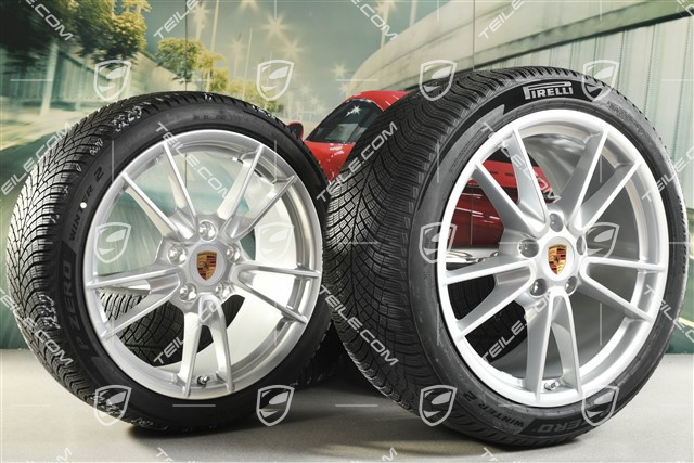 19"+20" Carrera Winterrädersatz, Felgen 8,5J x 19 ET52 + 11J x 20 ET80 + NEUE Pirelli Winterreifen 235/40 R19 + 295/35 R20, mit RDK-Sensoren, Brilliantsilber