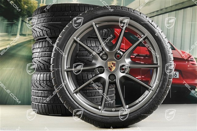 20" Komplet kół zimowych Carrera S III, felgi 8,5J x 20 ET51 + 11J x 20 ET52 + opony zimowe Pirelli 245/35 ZR20 + 295/30 ZR20, z czujnikami ciśnienia, Platinum satynowy półmat